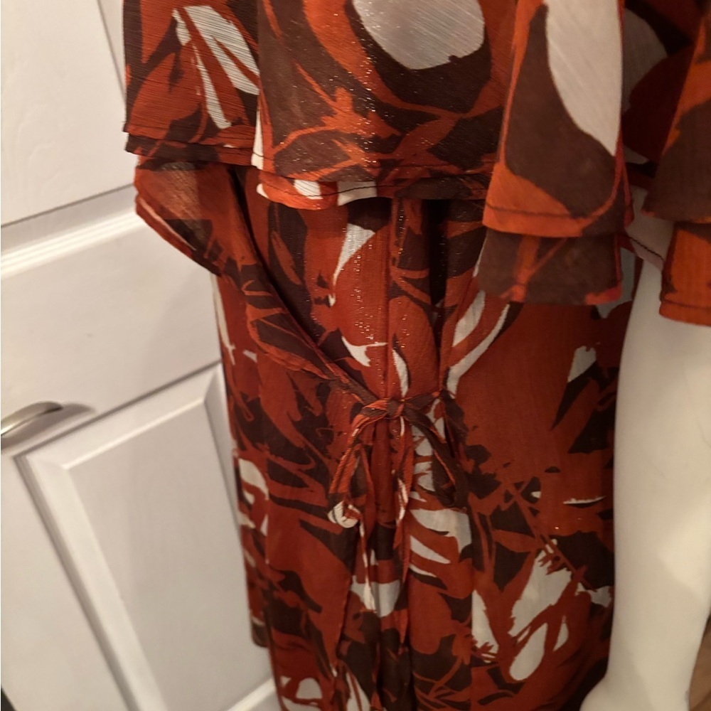 CALVIN KLEIN Flutter Sleeve Wrap Dress 'Earth Multi' Orange Rust Autumn Sz 16 - Picture 7 of 13